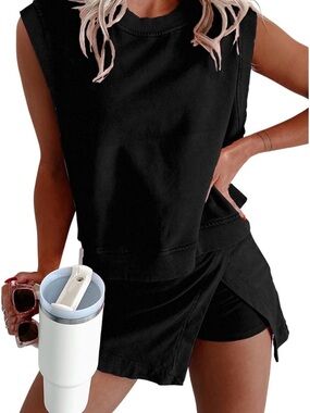 Women's 2 piece lounge set mineral wash tank with split athletic skort